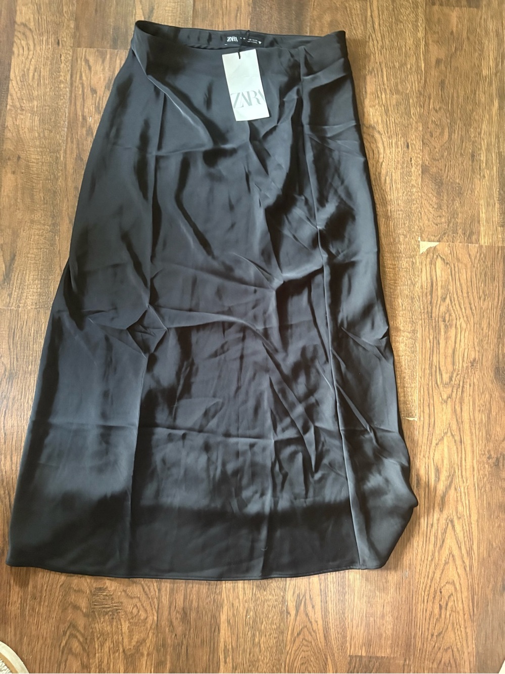 Zara Black Satin Bias-Cut Midi Skirt